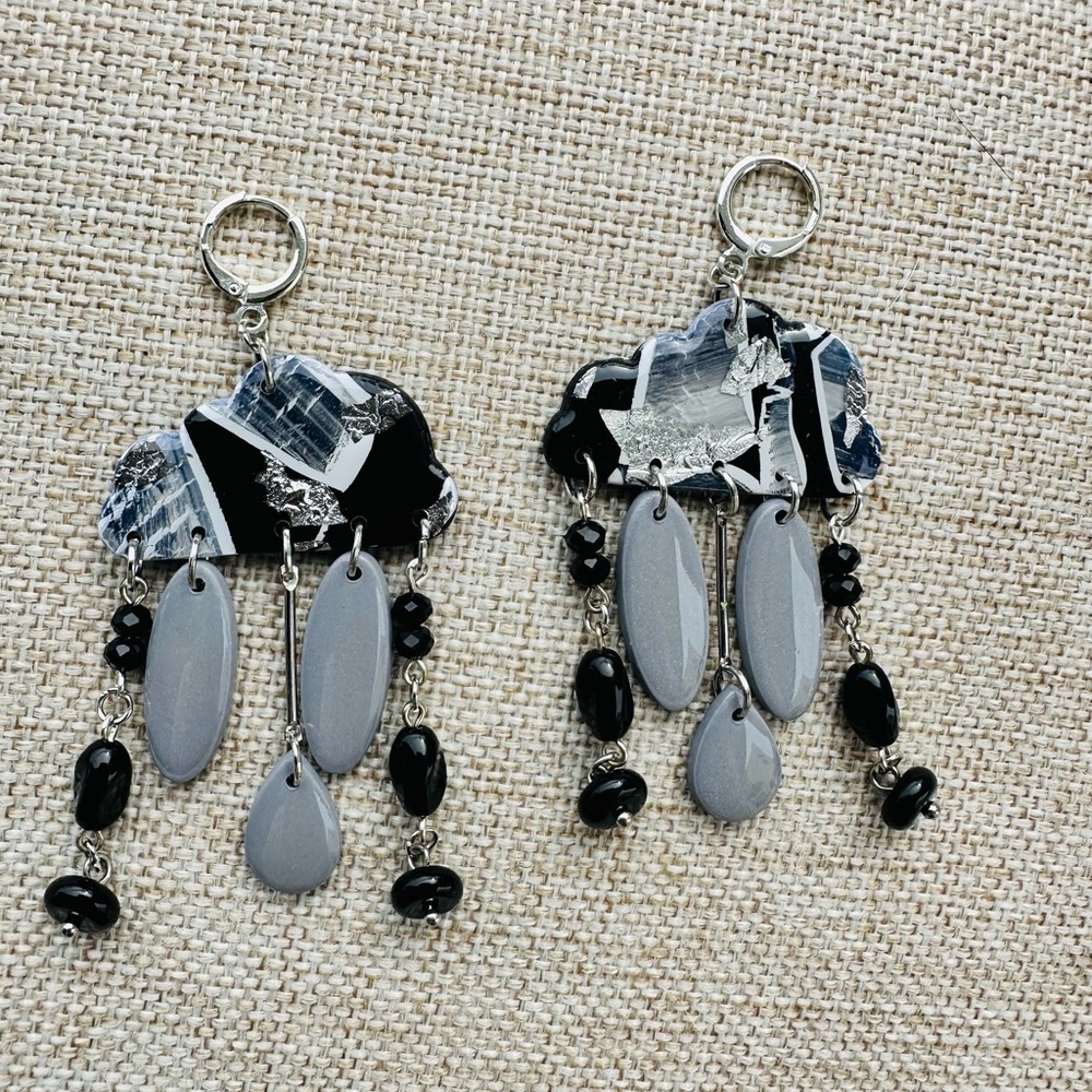 Monochrome Cloud Earrings with Beaded Raindrops